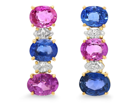 Beladora 'Reimagined' Pink and Blue Oval Sapphire Line Earrings in 18K Gold