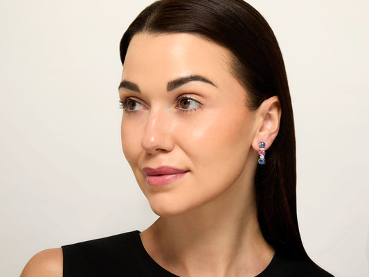 Beladora 'Reimagined' Pink and Blue Oval Sapphire Line Earrings in 18K Gold