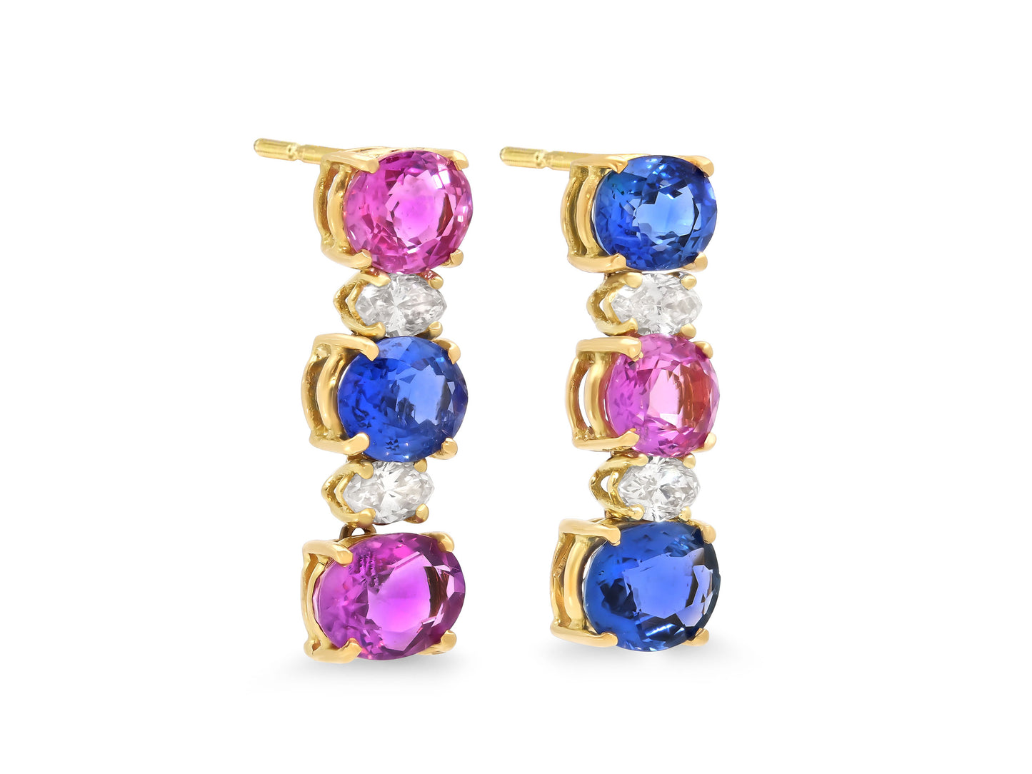 Beladora 'Reimagined' Pink and Blue Oval Sapphire Line Earrings in 18K Gold