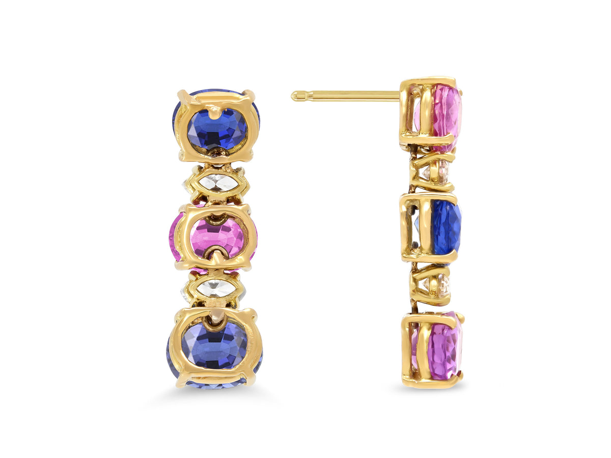 Beladora 'Reimagined' Pink and Blue Oval Sapphire Line Earrings in 18K Gold