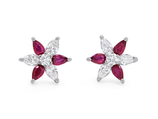Flower Ruby and Diamond Earrings in Platinum