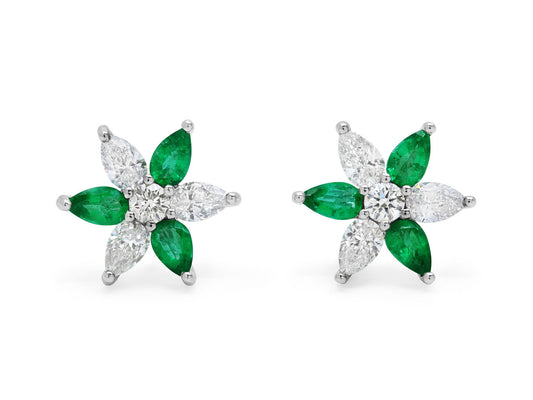 Flower Emerald and Diamond Earrings in Platinum