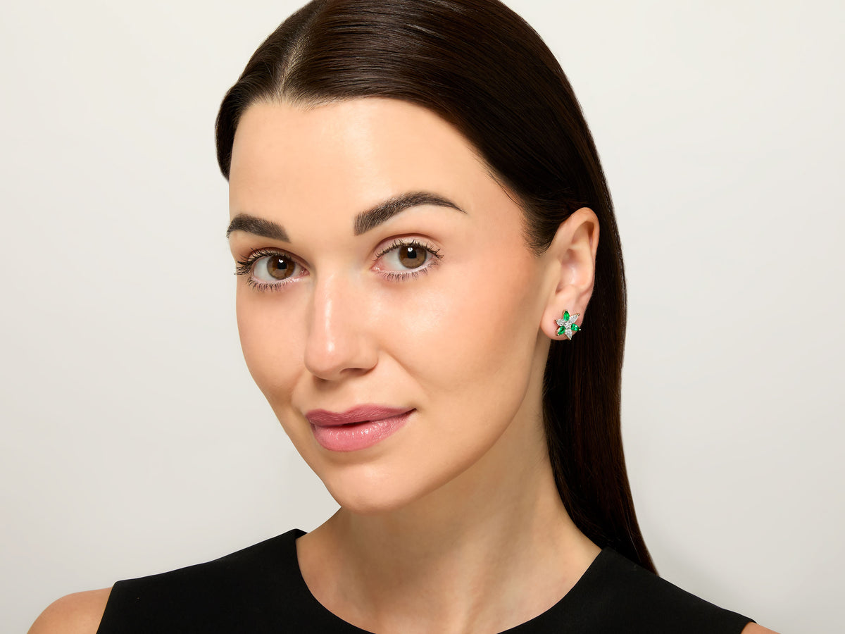 Flower Emerald and Diamond Earrings in Platinum