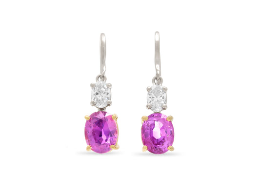 Beladora 'Reimagined' Pink Sapphire and Oval Diamond Earrings in 18K Gold