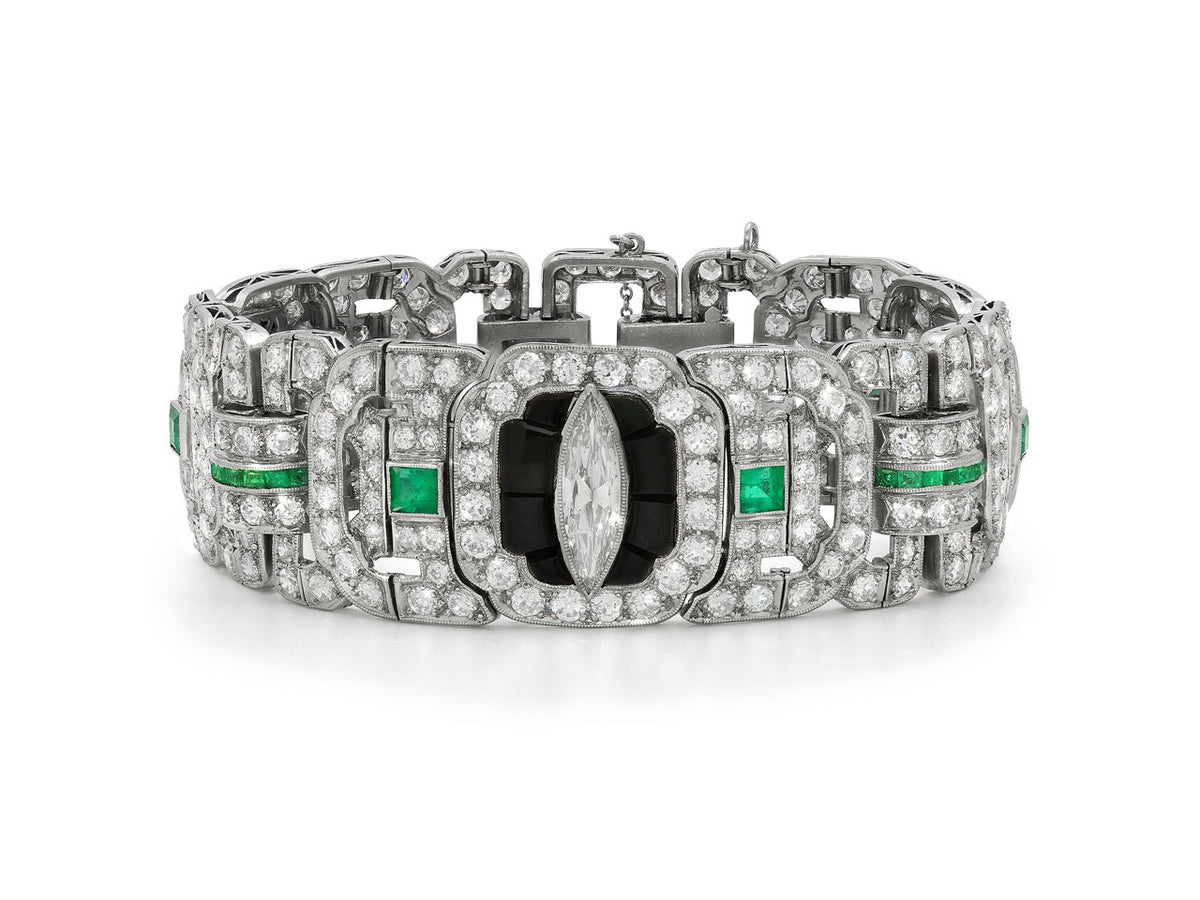 Art Deco Emerald, Diamond and Onyx Bracelet in Platinum