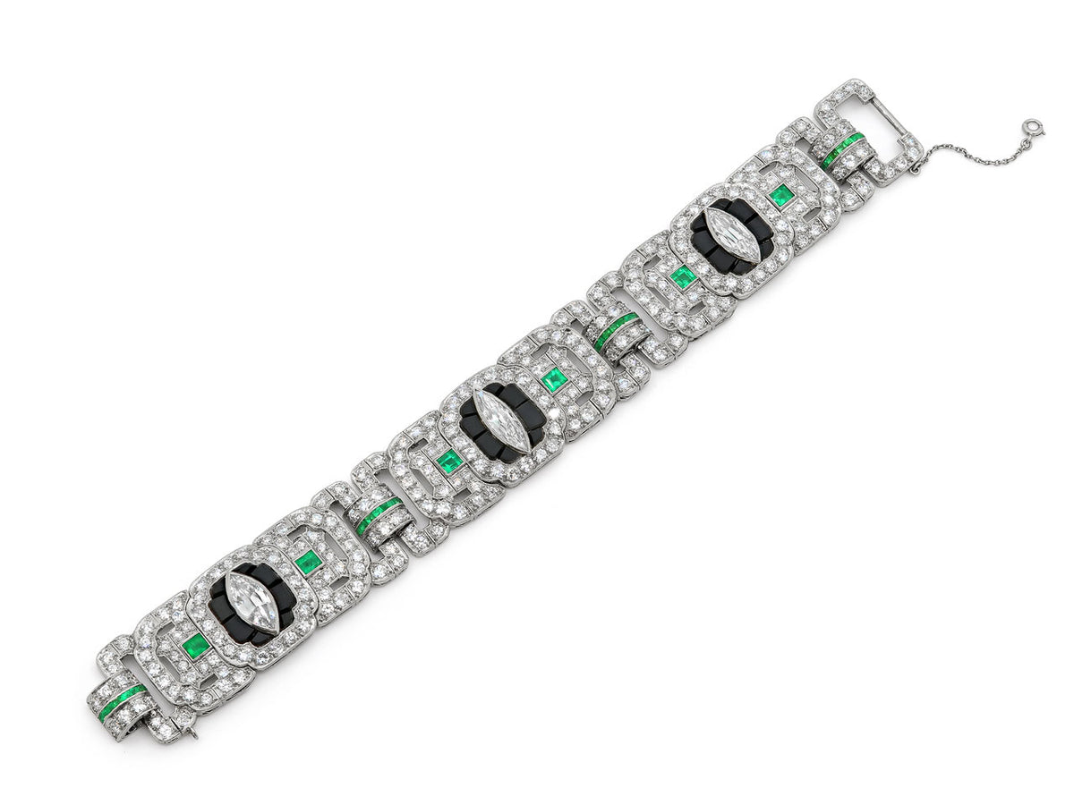 Art Deco Emerald, Diamond and Onyx Bracelet in Platinum
