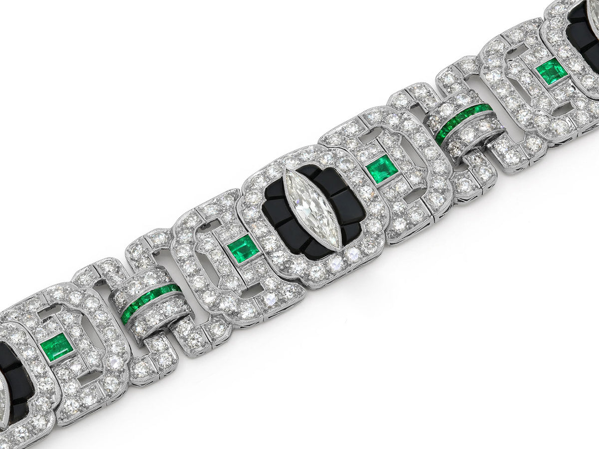 Art Deco Emerald, Diamond and Onyx Bracelet in Platinum