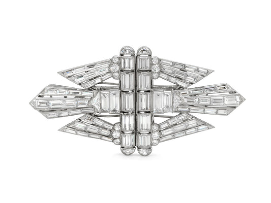 Art Deco Diamond Double Clip Brooch in Platinum