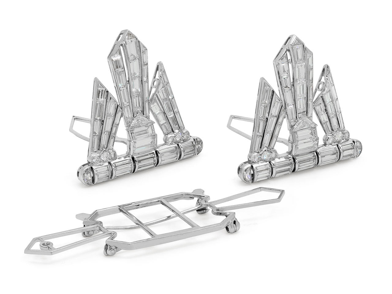 Art Deco Diamond Double Clip Brooch in Platinum