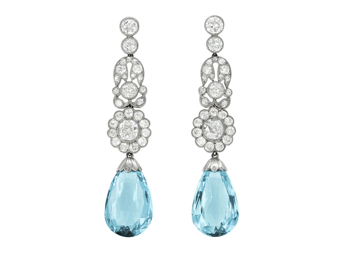 Antique Belle Epoque Diamond and Aquamarine Earrings in Platinum