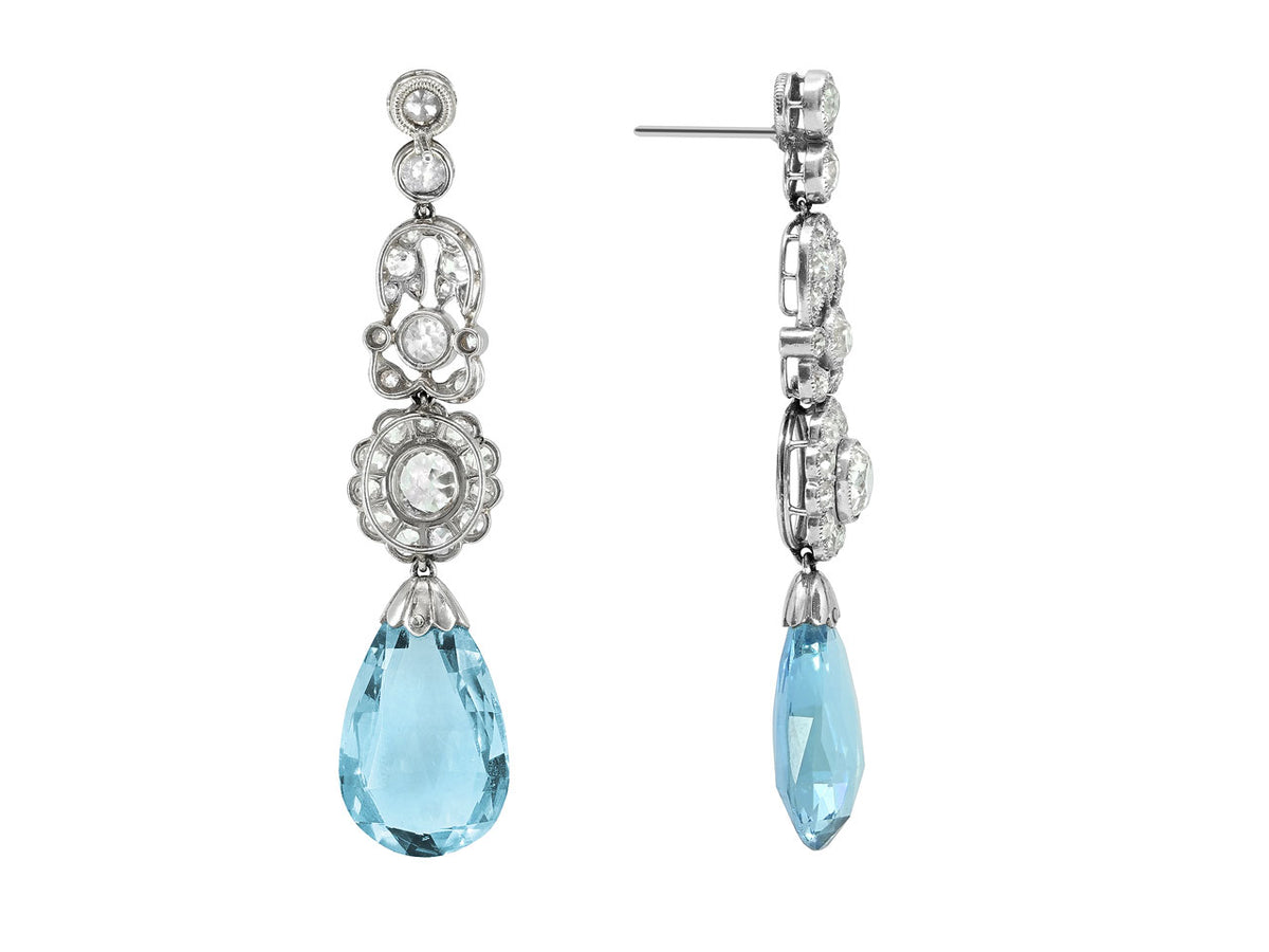 Antique Belle Epoque Diamond and Aquamarine Earrings in Platinum
