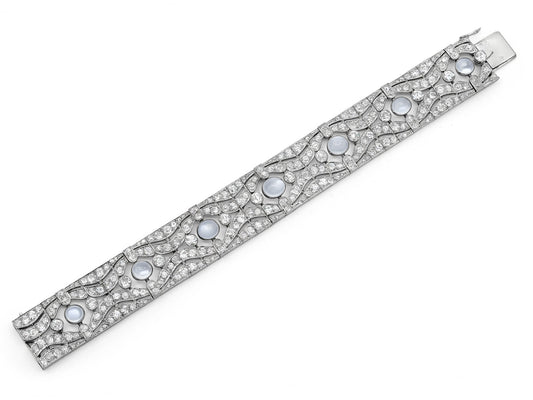 Antique Edwardian Moonstone and Diamond Bracelet in Platinum, French
