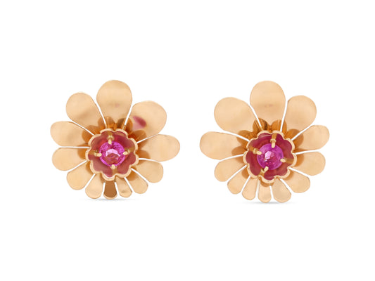 Retro Pink Sapphire Flower Earrings in 14K Gold