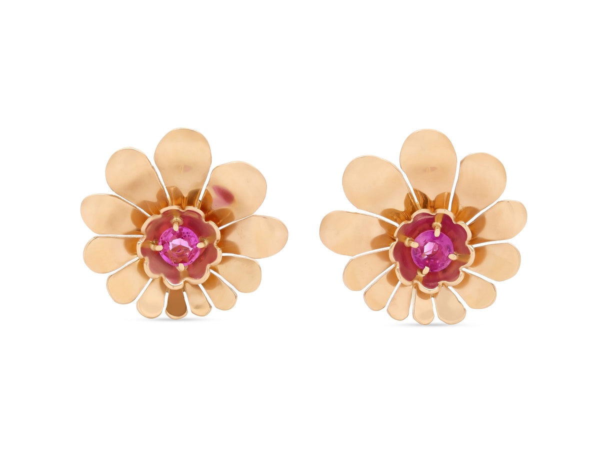Retro Pink Sapphire Flower Earrings in 14K Gold
