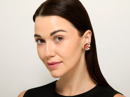 Retro Pink Sapphire Flower Earrings in 14K Gold
