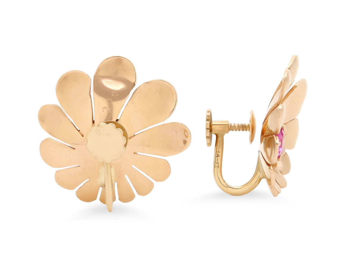 Retro Pink Sapphire Flower Earrings in 14K Gold