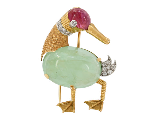 Mid-Century Emerald, Ruby and Diamond Duck Brooch in 18K Gold, French