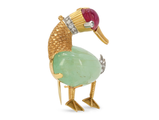 Mid-Century Emerald, Ruby and Diamond Duck Brooch in 18K Gold, French