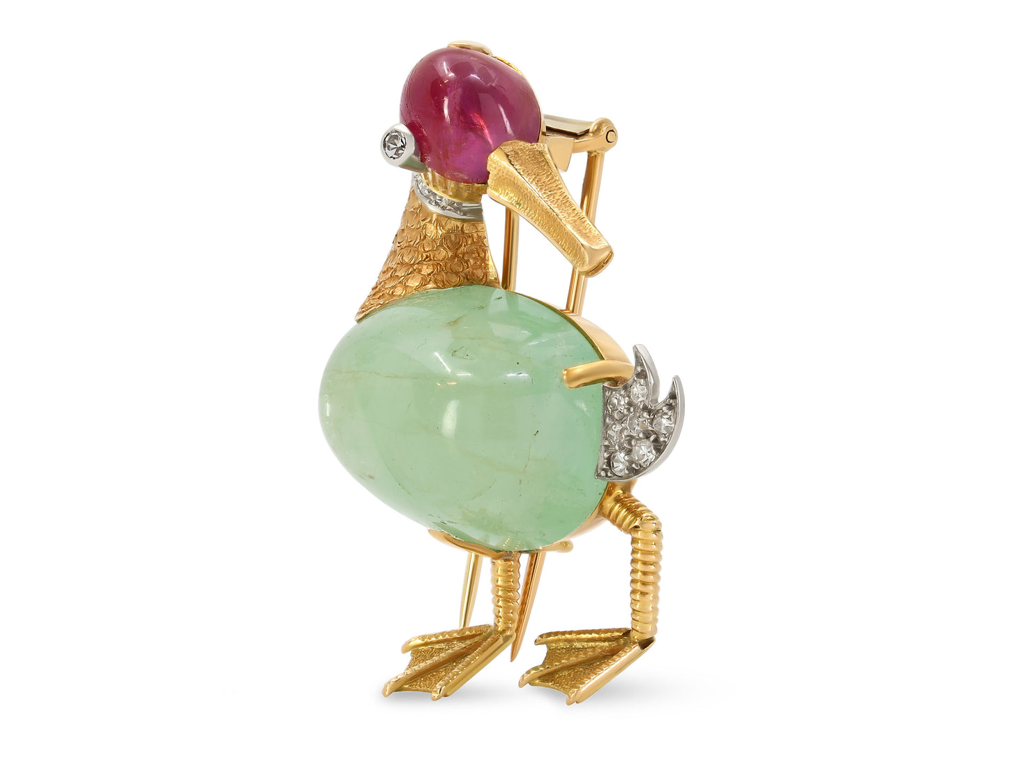 Mid-Century Emerald, Ruby and Diamond Duck Brooch in 18K Gold, French