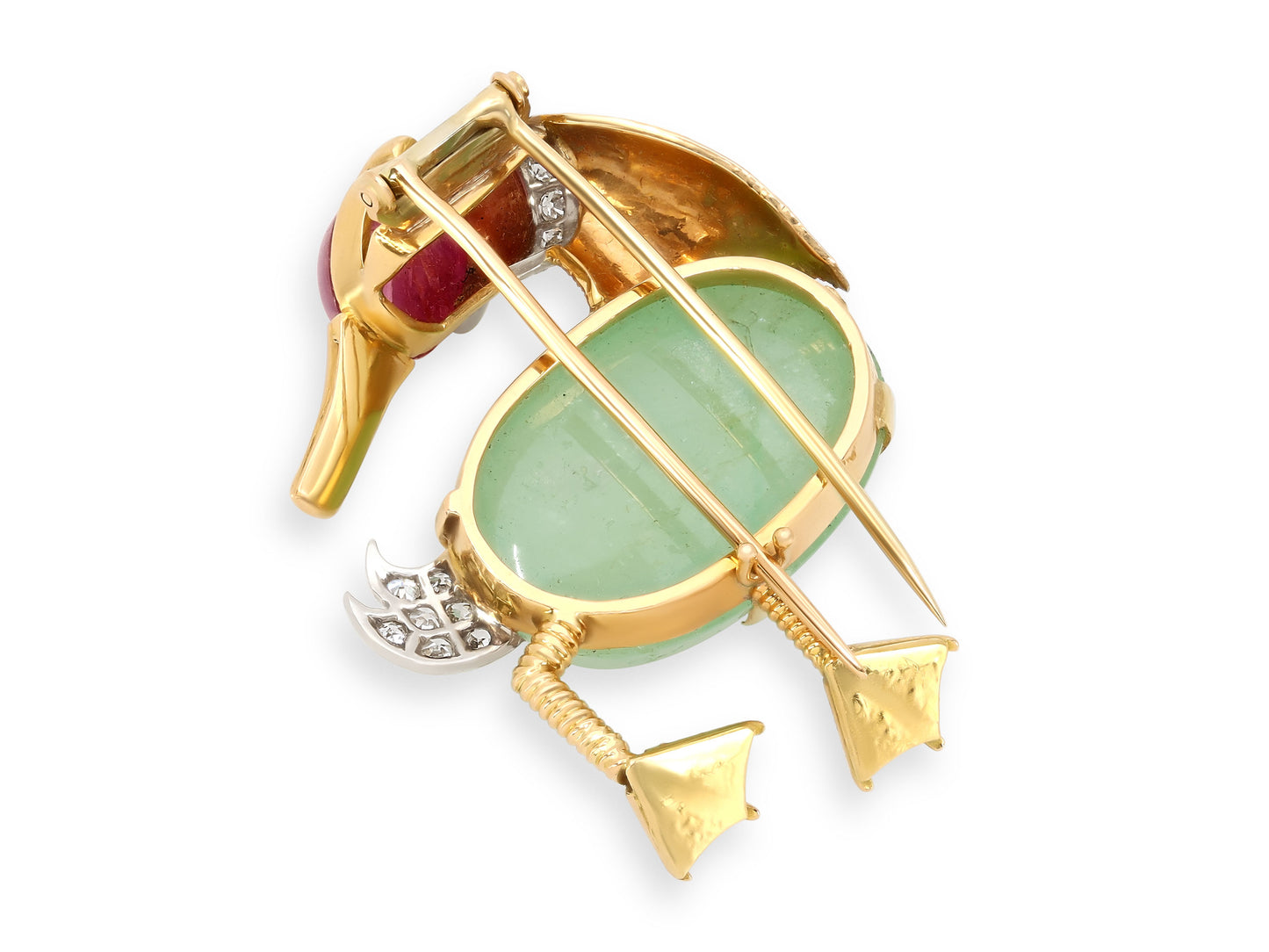 Mid-Century Emerald, Ruby and Diamond Duck Brooch in 18K Gold, French
