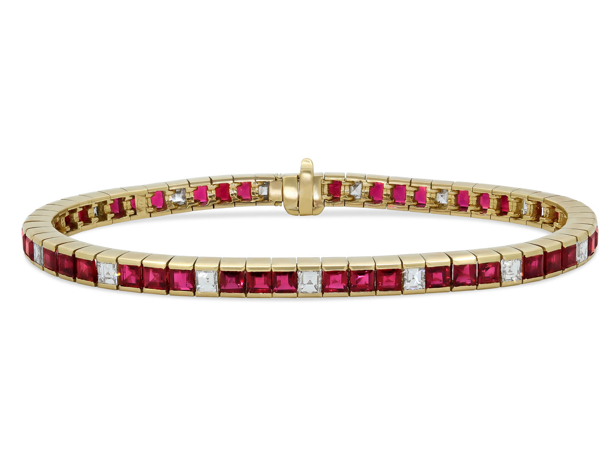 Step-cut Ruby and Diamond Line Bracelet in 18K by Pederzani