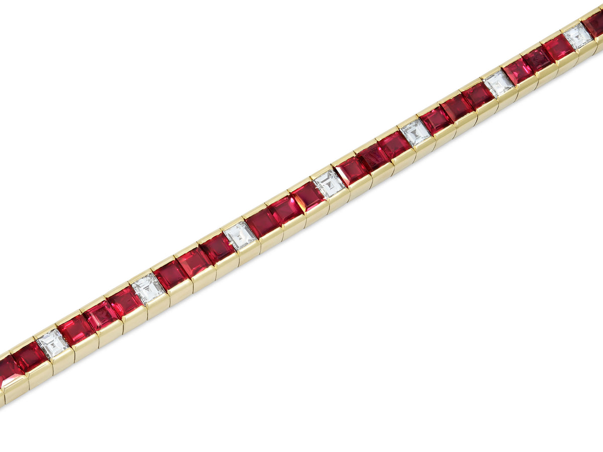 Step-cut Ruby and Diamond Line Bracelet in 18K by Pederzani