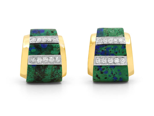 David Webb Azurmalachite and Diamond Earrings in 18K Gold and Platinum