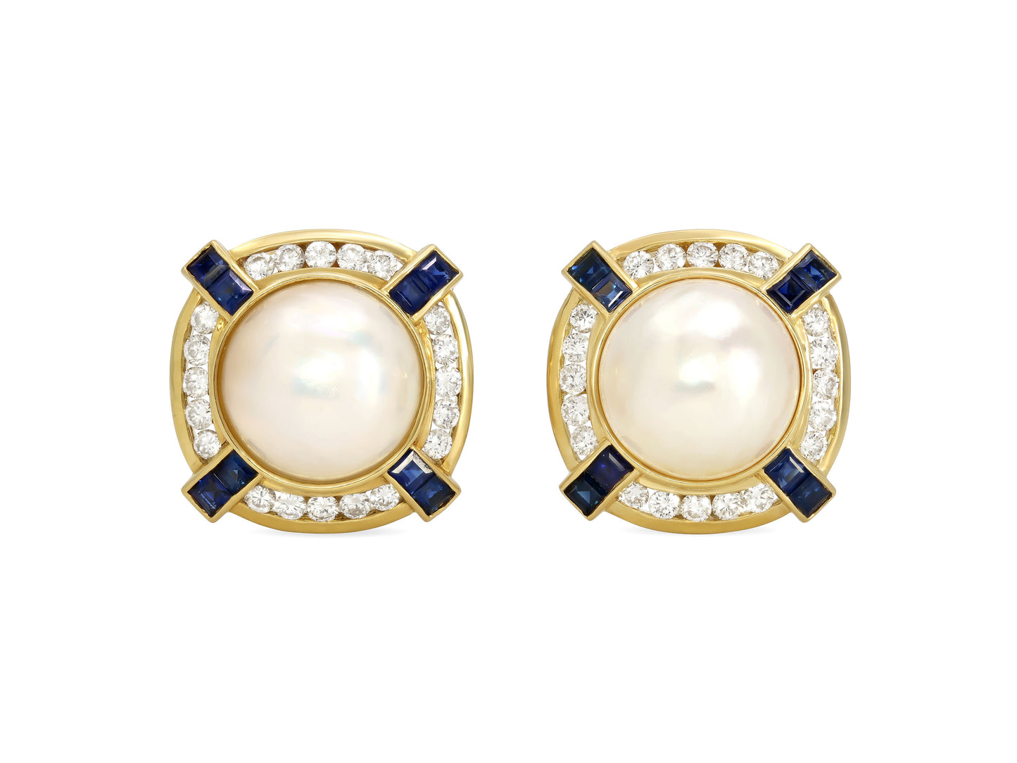 Mabe Pearl, Diamond and Sapphire Earrings in 18K Gold