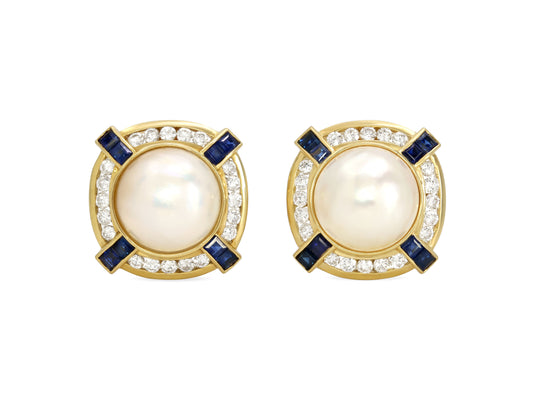 Mabe Pearl, Diamond and Sapphire Earrings in 18K Gold