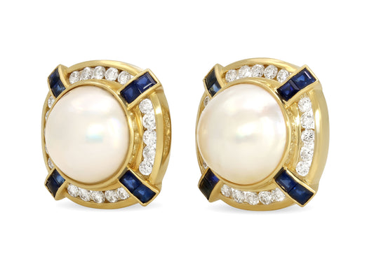 Mabe Pearl, Diamond and Sapphire Earrings in 18K Gold