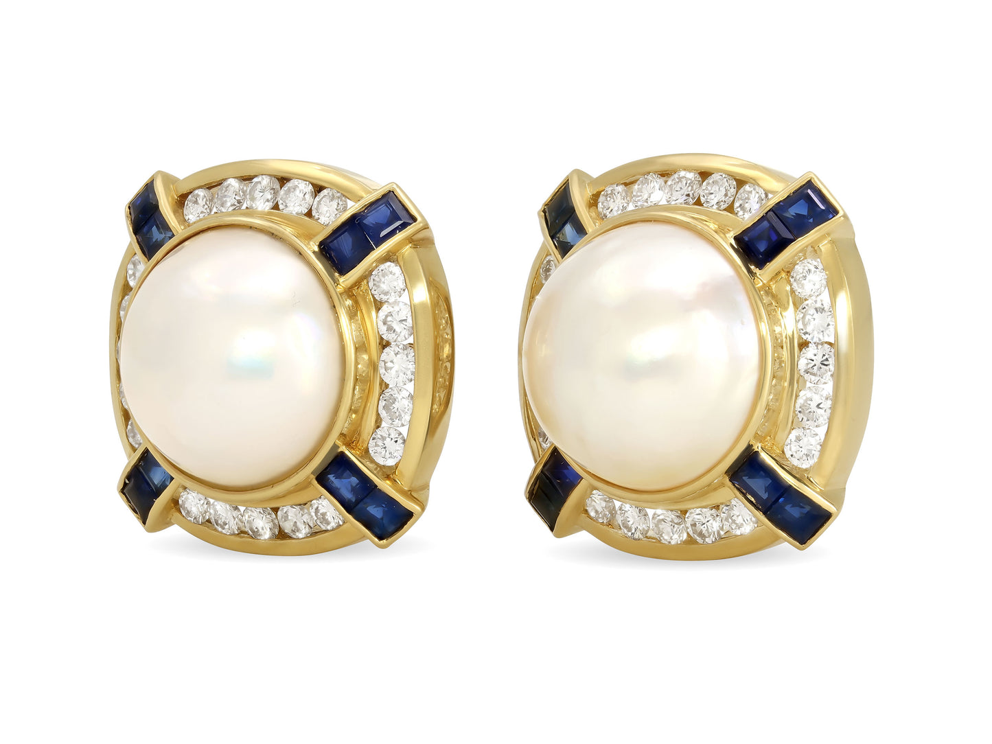 Mabe Pearl, Diamond and Sapphire Earrings in 18K Gold