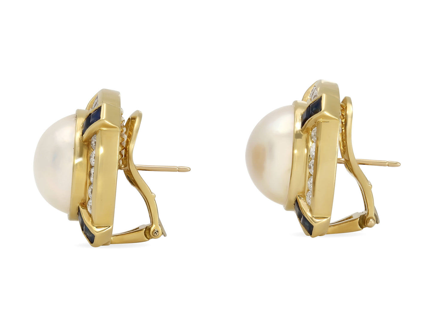 Mabe Pearl, Diamond and Sapphire Earrings in 18K Gold