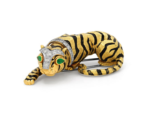 David Webb Tiger Brooch in Black Enamel, Diamond, Emerald and 18K Gold