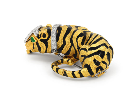 David Webb Tiger Brooch in Black Enamel, Diamond, Emerald and 18K Gold