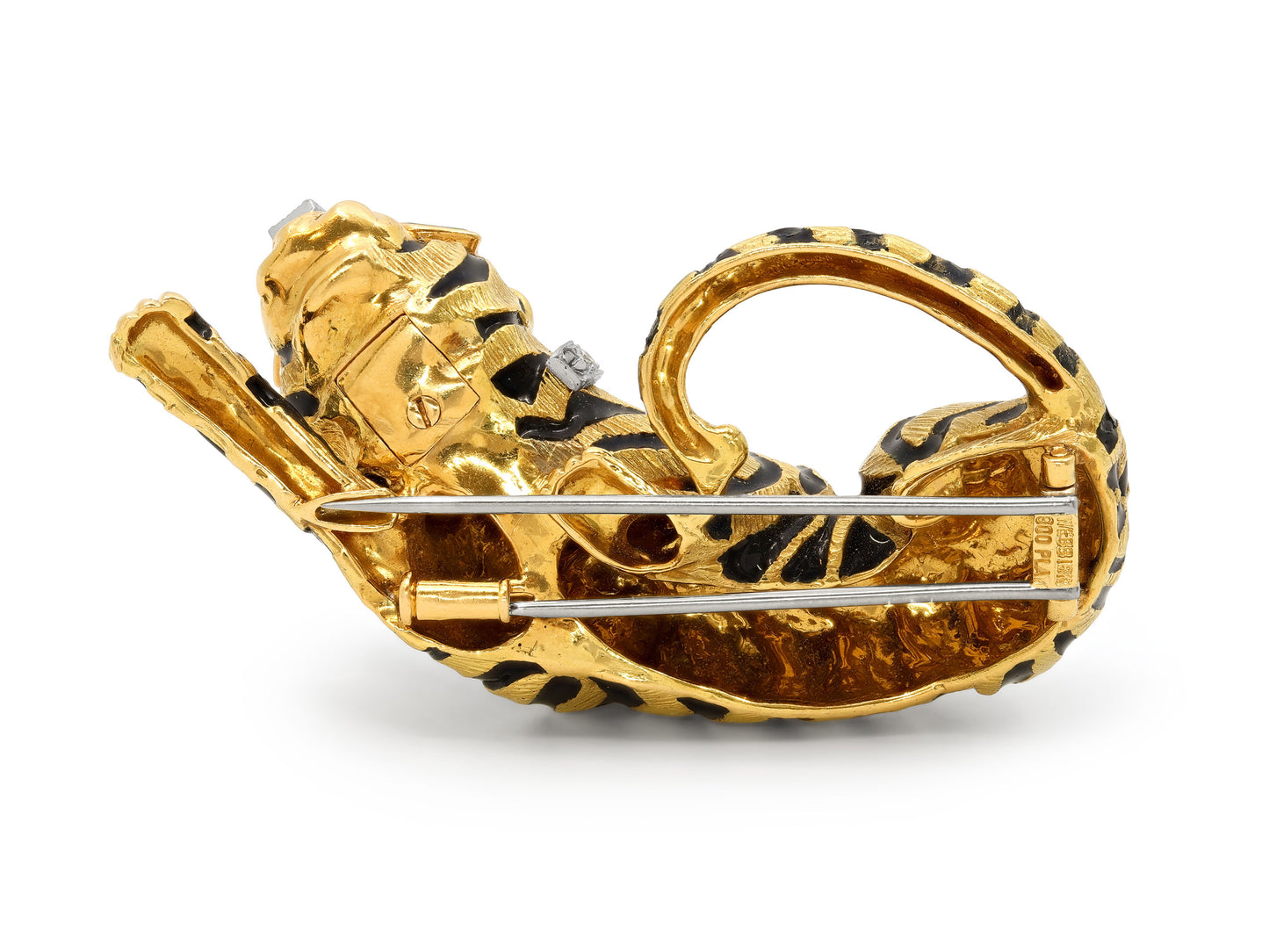 David Webb Tiger Brooch in Black Enamel, Diamond, Emerald and 18K Gold