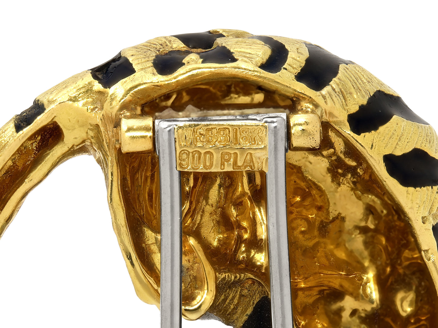 David Webb Tiger Brooch in Black Enamel, Diamond, Emerald and 18K Gold