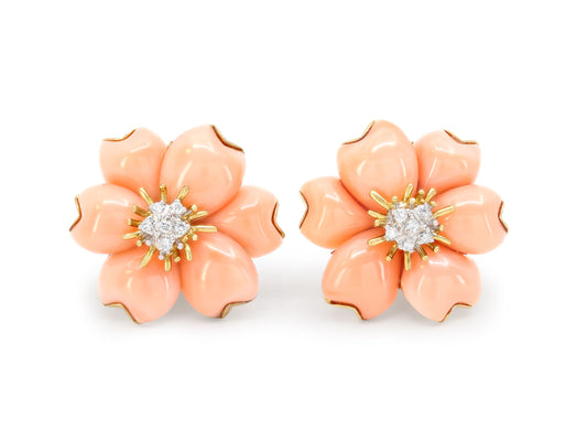 Coral and Diamond Flower Earrings in 18K Gold