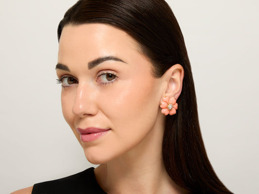 Coral and Diamond Flower Earrings in 18K Gold