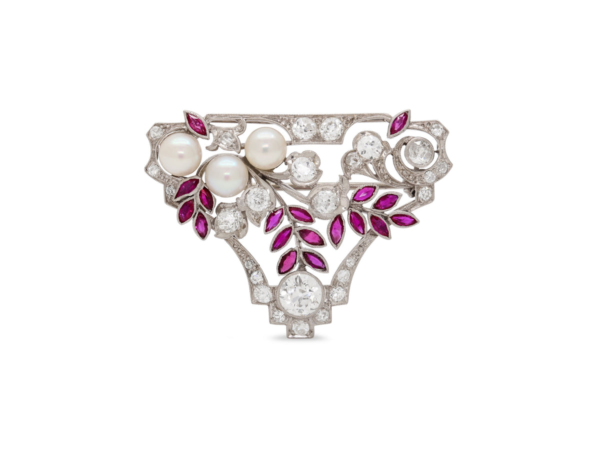 Art Deco Pearl, Diamond and Ruby Brooch in Platinum