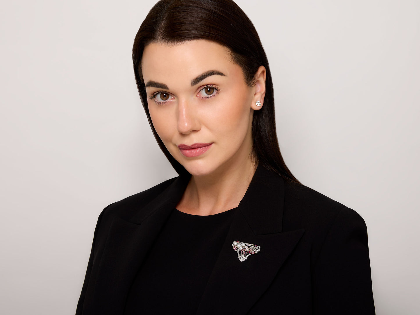 Art Deco Pearl, Diamond and Ruby Brooch in Platinum