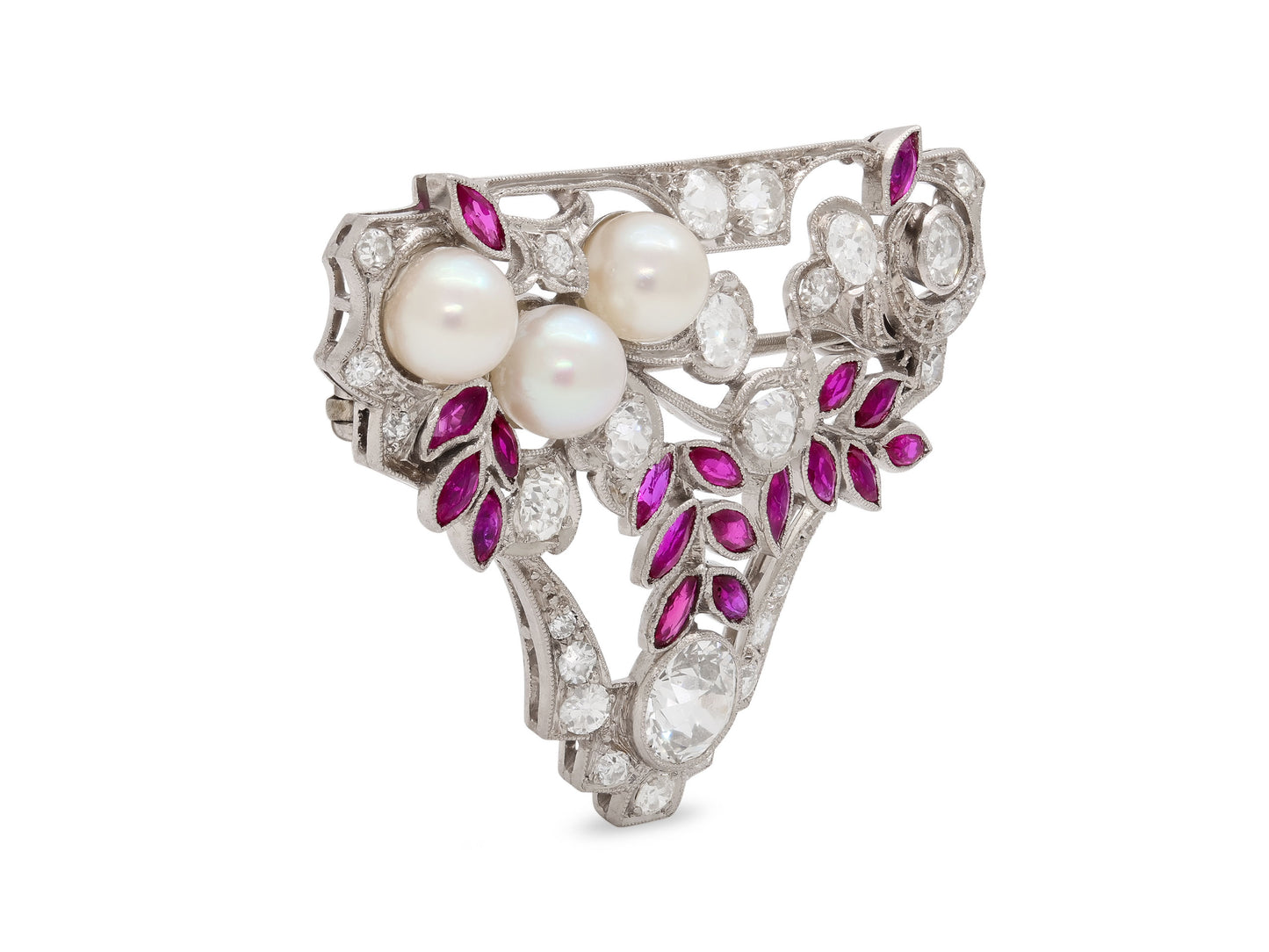 Art Deco Pearl, Diamond and Ruby Brooch in Platinum