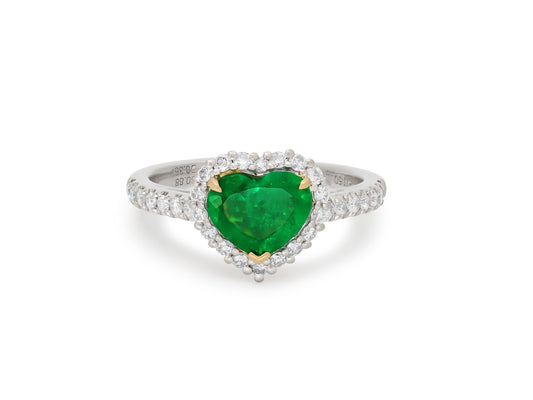 Emerald Heart and Diamond Ring in Platinum and 18K Gold