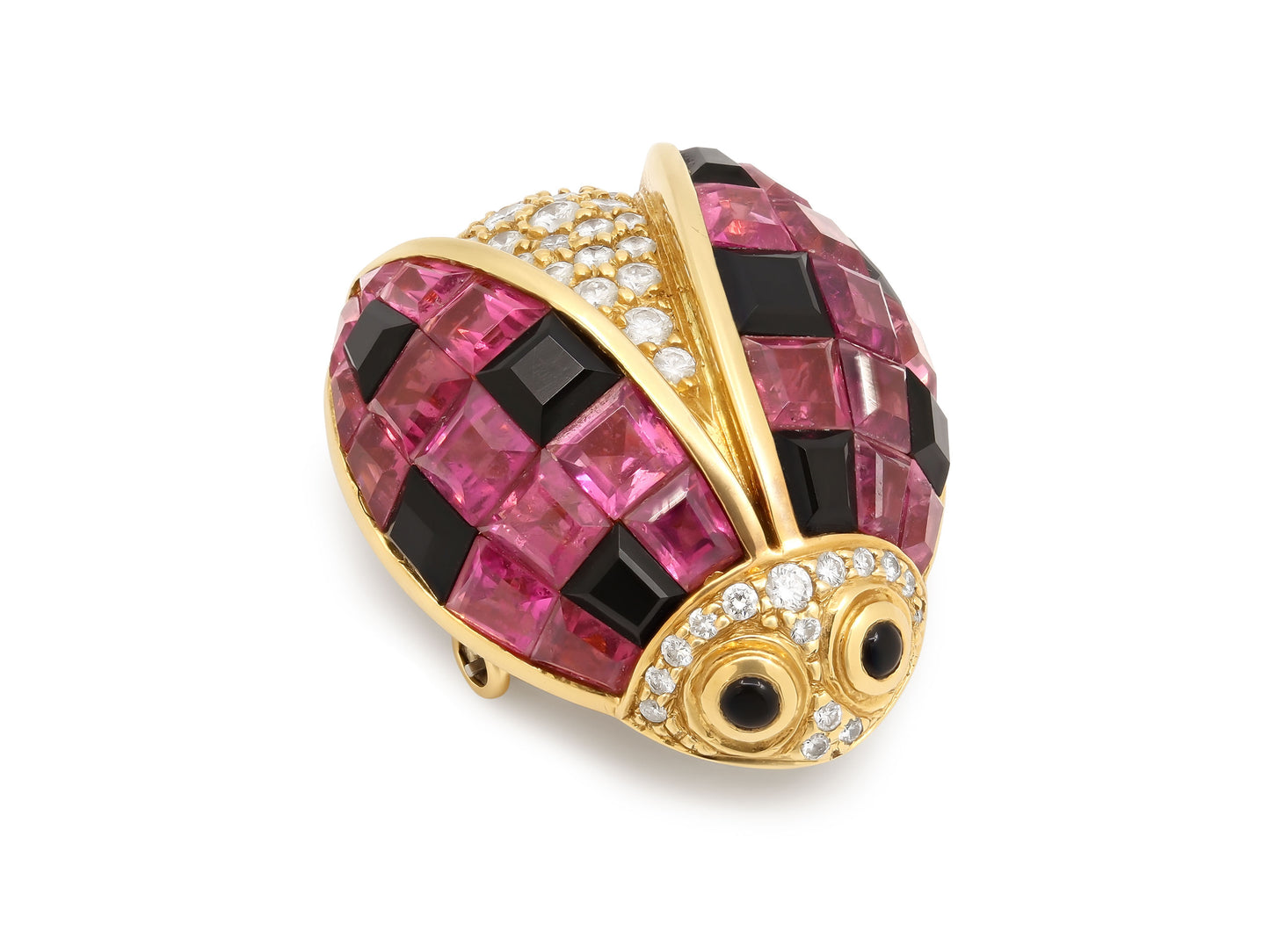 Pink Tourmaline and Diamond Ladybug Brooch in 18K Gold