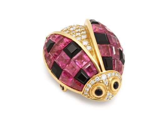 Pink Tourmaline and Diamond Ladybug Brooch in 18K Gold