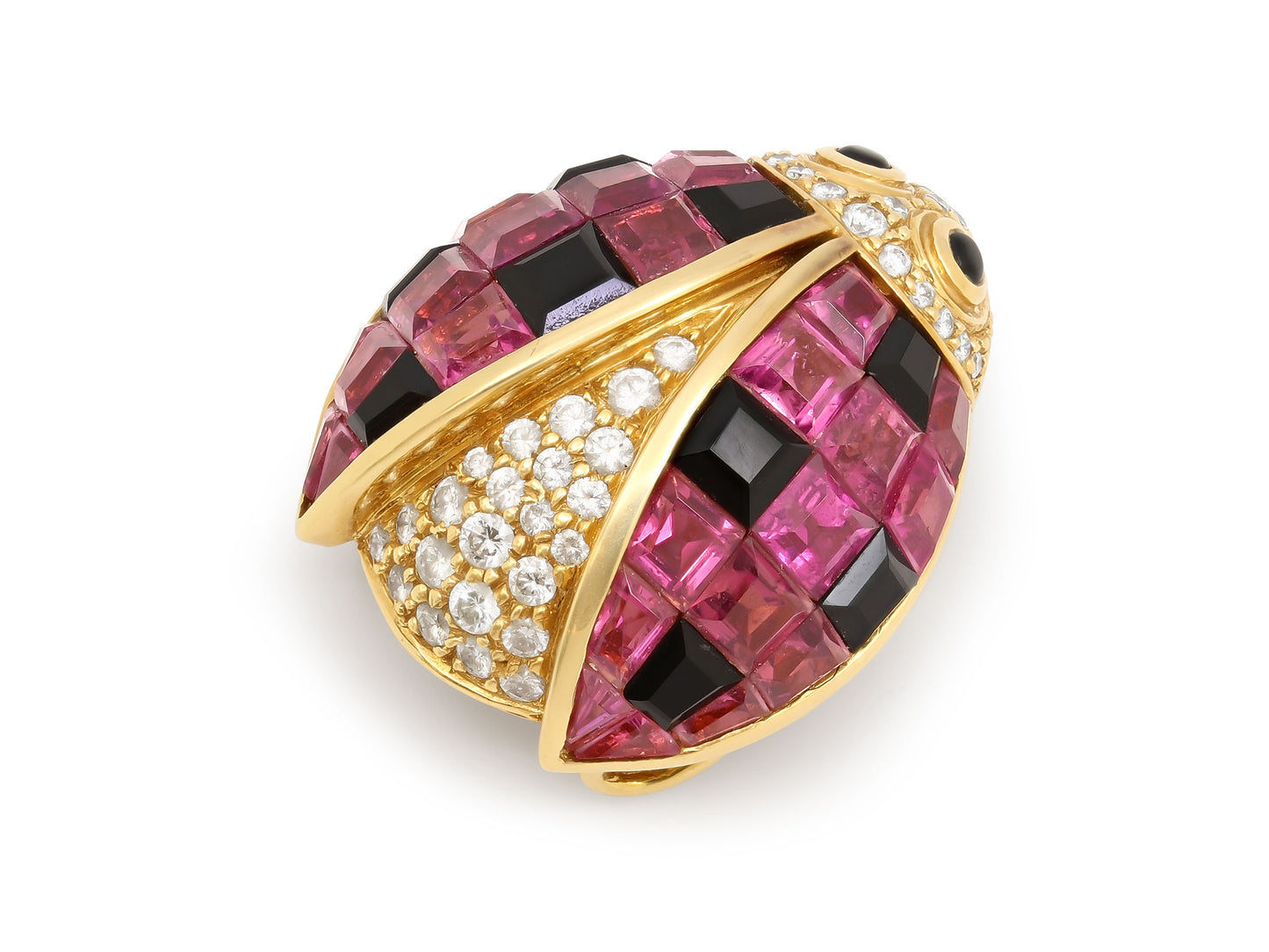 Pink Tourmaline and Diamond Ladybug Brooch in 18K Gold