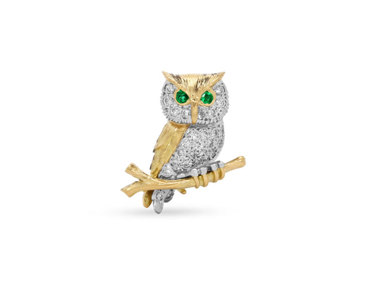 McTeigue & Co. Diamond and Emerald Owl Brooch in 18K Gold and Platinum