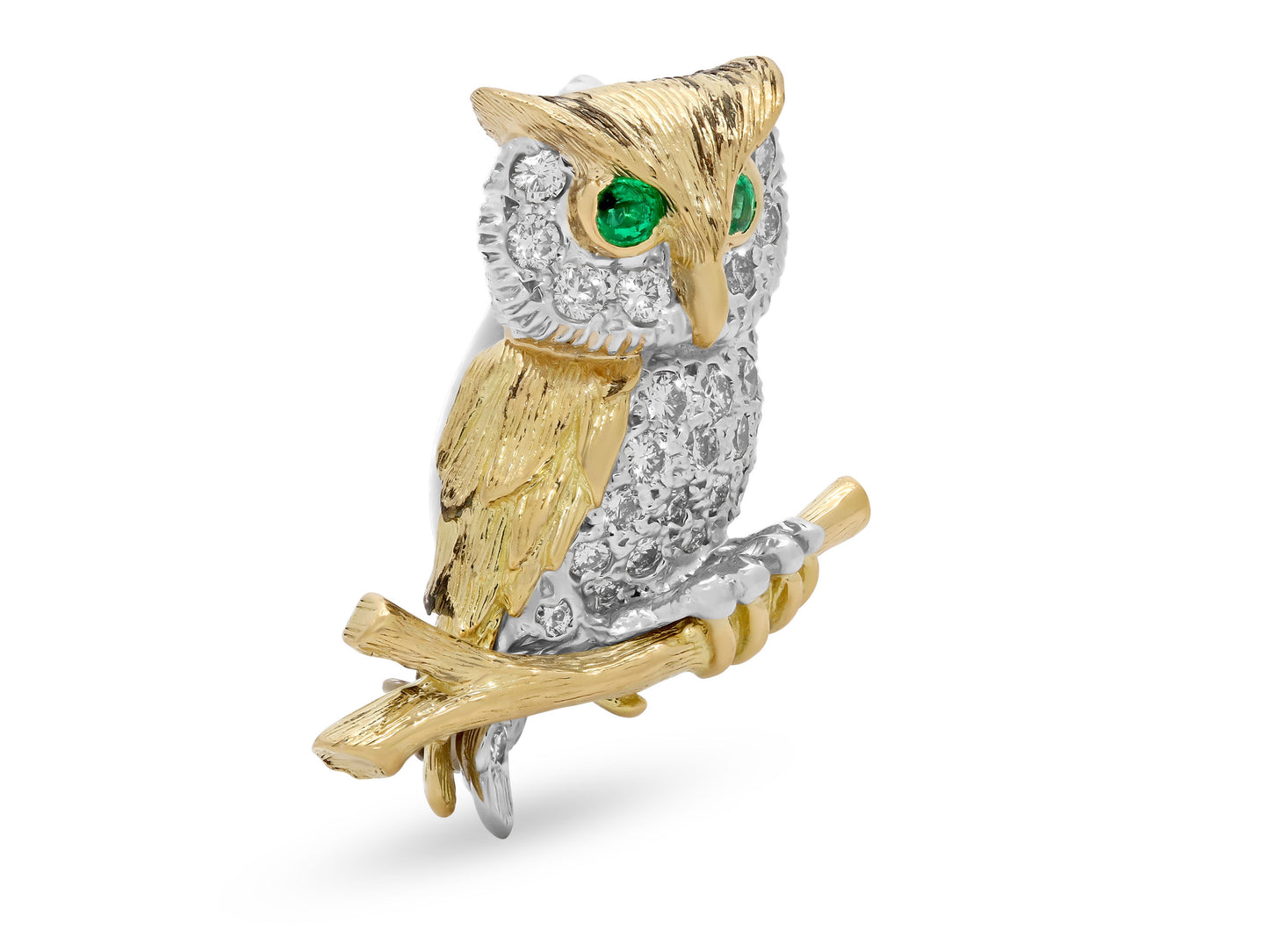 McTeigue & Co. Diamond and Emerald Owl Brooch in 18K Gold and Platinum