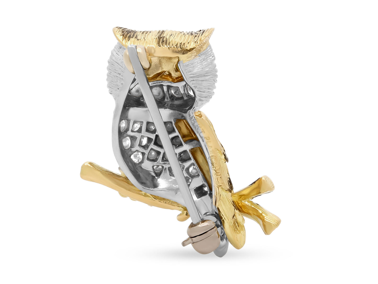 McTeigue & Co. Diamond and Emerald Owl Brooch in 18K Gold and Platinum