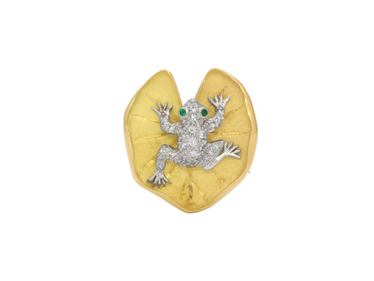 McTeigue & Co. Diamond and Emerald Frog Pin in 18K Gold and Platinum
