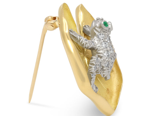 McTeigue & Co. Diamond and Emerald Frog Pin in 18K Gold and Platinum